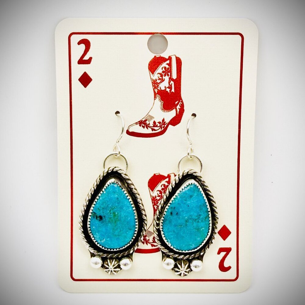 Sterling Silver Turquoise Teardrop Dangle Earrings 925 Artisan Made - Picture 2 of 4